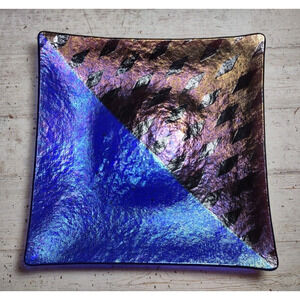 Vintage Signed Kurt McVay Fused Art Glass Carnival Iridescent Square Dish Tray